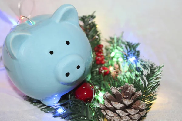 mavi domuz Ladin ve garland ile yeni 2019 bekliyor