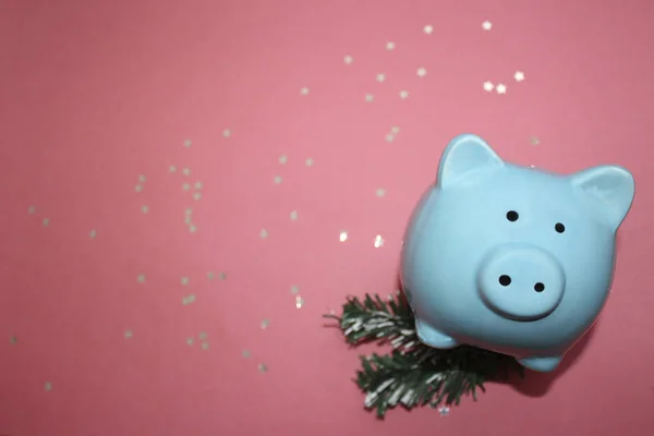 pink background with stars and blue pig new year 2019 Financial long term saving money concept, blue piggy bank, coins stacked and alarm clock on wood table, compound interest of investment awareness