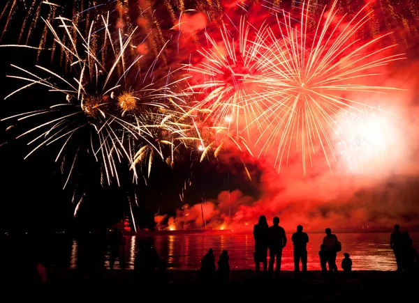 Suyun üstünde kara gökyüzü arka planında yansıması olan bayram havai fişekleri