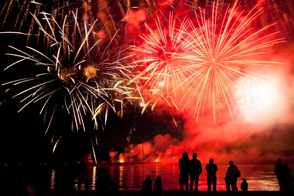 Suyun üstünde kara gökyüzü arka planında yansıması olan bayram havai fişekleri