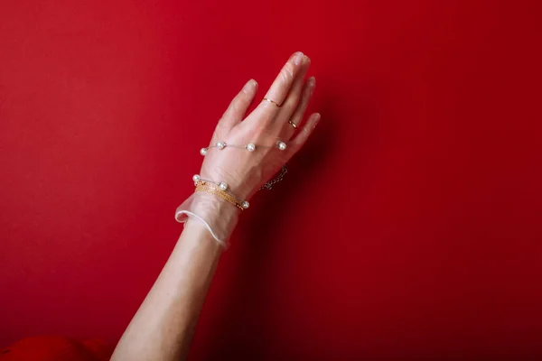 Moda Arte Mão Mulher Luva Proteção Contra Covid Com Jóias — Fotografia de Stock