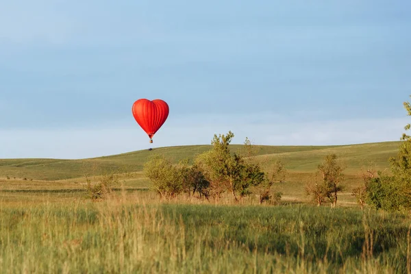 Hot Air Balloon Shape Heart Landing Green Field — Stock Photo, Image