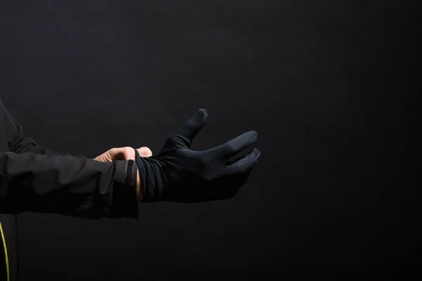 Χέρι Μαύρα Γάντια Ενός Εγκλήματος Μαύρο Φόντο Γάντια Φοριούνται Στο — Φωτογραφία Αρχείου