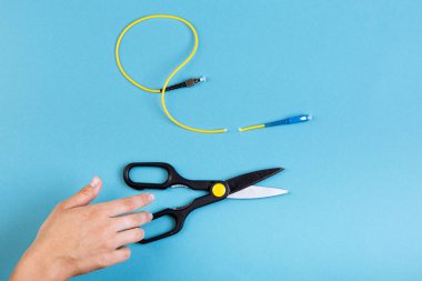 Optik SC fiberini makasla yok et. Mavi üzerine izole edilmiş.
