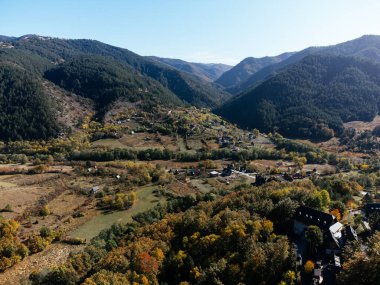 Sonbahar ormanı, kırsal vadi ve sabah sisiyle Sırbistan 'daki Tara dağlarının hava manzarası. g.