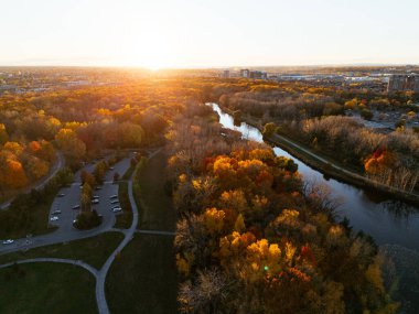 Montreals Angrignon parkının ve şehir manzarası yakınlarındaki şehir ormanlarının hava görüntüsü. g.