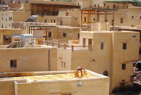 Gizler, Fes, Fas, Afrika Chowara tenneries bir terasta boyalı kılığında bir adam görünümü