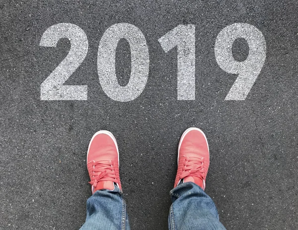 Top View Feet 2019 Text Asphalt Road Start New Year — Stock Photo, Image