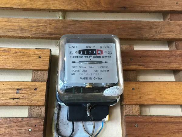 Watt hour electric meter measurement tool on wooden wall