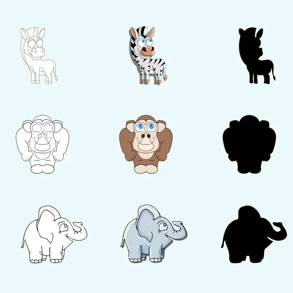 Gorilla Elefanten Och Den Zebra Färg Dekorera Och Gratulationskort Målade — Stock vektor