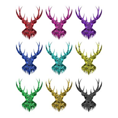 Beyaz arka plan üzerinde boynuzlu geyik kafası. Renk seçenekleri. Geometrik şekil izole görüntü.