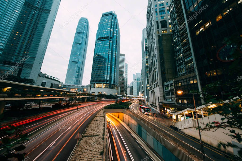 long exposure shot of auto light moving on road at Hong Kong, China