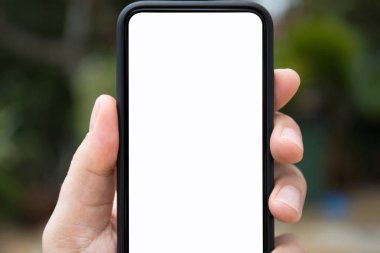 telefon ile izole perde doğa arka plan üzerinde tutan adam el