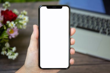 el ile izole perde telefon Danışma dizüstü bilgisayar ve çiçekler üzerinde tutarak