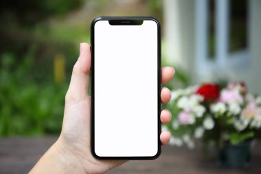 telefon ile izole perde evin çiçek Bahçe ile arka planda tutan el