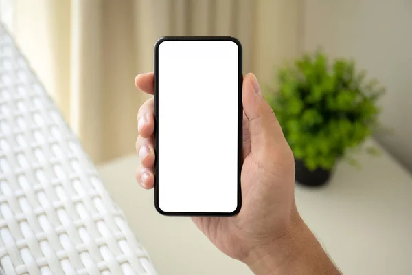 Man Hand Met Telefoon Met Geïsoleerde Scherm Kamer Van Het — Stockfoto