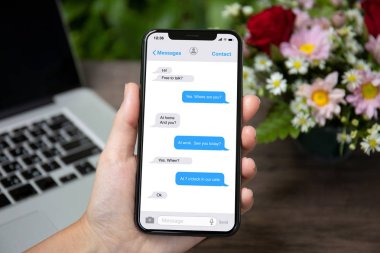Telefon app messenger ile ekranda Danışma dizüstü bilgisayar ve çiçekler üzerinde tutarak el