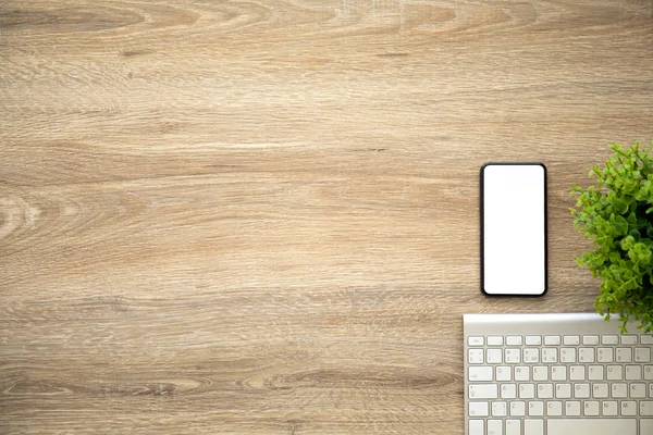 Phone Isolated Screen Wooden Table Keyboard — Stock Photo, Image