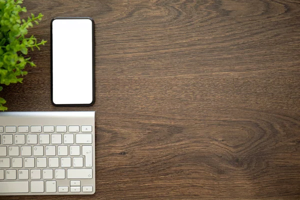 Phone Isolated Screen Wooden Table Keyboard — Stock Photo, Image