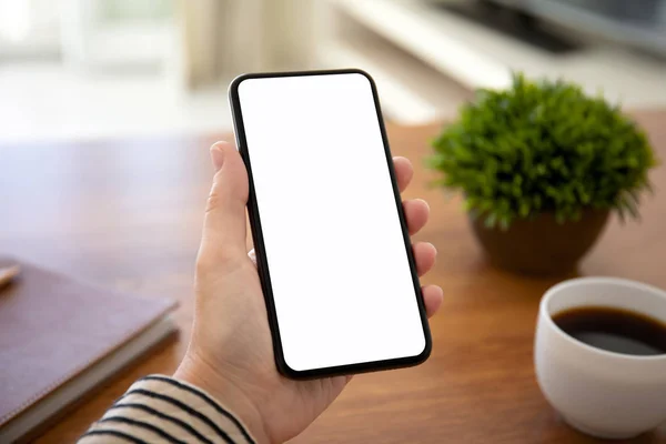 Manos Femeninas Sosteniendo Teléfono Táctil Con Pantalla Aislada Por Encima — Foto de Stock