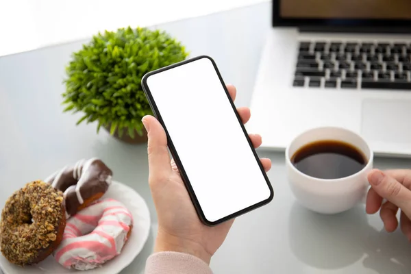 Female Hand Holding Touch Phone Isolated Screen Table Cafe — Stock Photo, Image