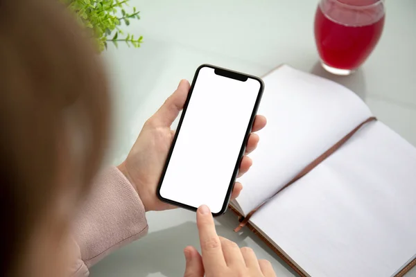 Woman Hands Holding Touch Phone Isolated Screen Table Office — Stock Photo, Image