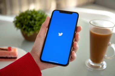Aluşta, Rusya - 6 Kasım 2018: kadın el iphone X sosyal ağ hizmeti Twitter üstünde belgili tanımlık perde ile tutarak. iPhone 10 oluşturuldu ve Apple Inc tarafından geliştirildi.