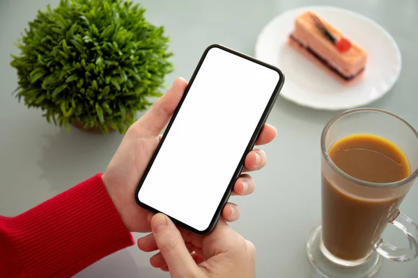 Female Hands Holding Phone Isolated Screen Table Cafe — Stock Photo, Image