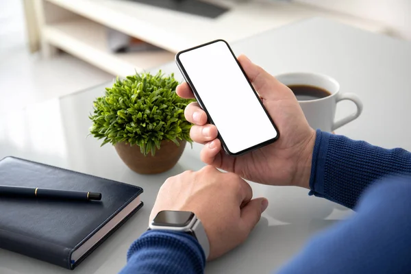 Man Hands Watch Holding Phone Isolated Screen Table Office — Stock Photo, Image