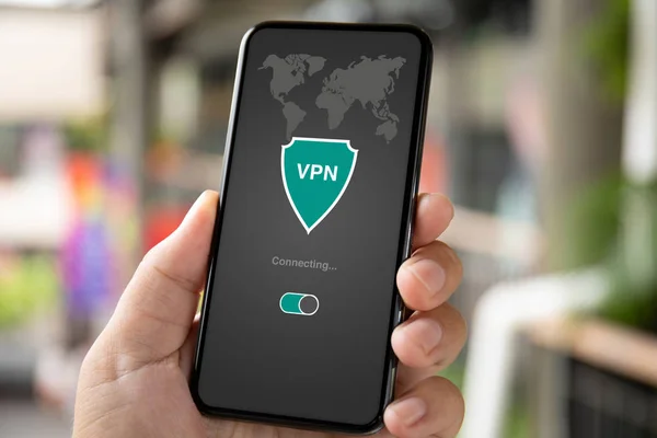 男ハンド アプリ Vpn との電話街の保護プライベート ネットワーク背景作成インターネット プロトコル — ストック写真