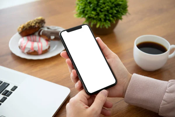 Female Hands Holding Phone Isolated Screen Table Office — Stock Photo, Image