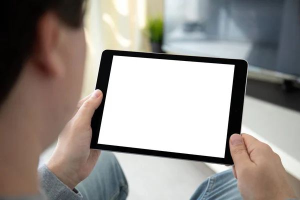 Hombre manos celebración ordenador tableta con pantalla aislada en la habitación — Foto de Stock