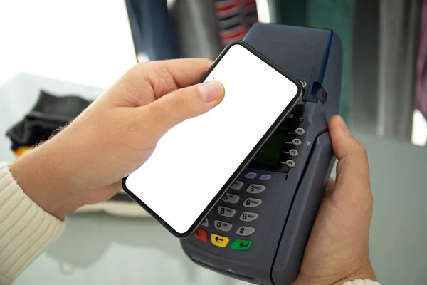 Man payment purchase for phone and pay pass online terminal. — Stock Photo, Image
