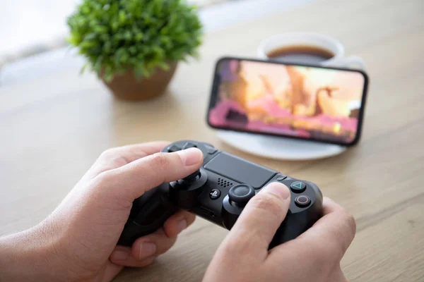 Uomo in possesso di Dualshock gioco Rayman sullo schermo iPhone 11 — Foto Stock