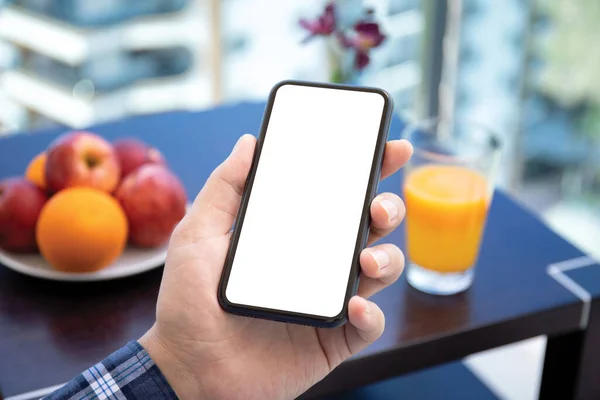 Male Hand Holds Phone Isolated Screen Table Cafe — Stock Photo, Image