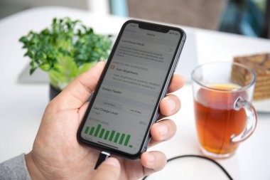 Alanya, Türkiye - 28 Mayıs 2020: Powerbank RavPower ve iPhone 11 ile el ele tutuşan adam ekranda Pil uygulaması