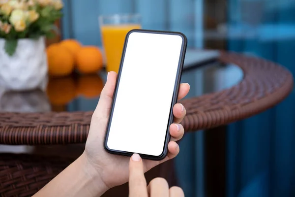 Female Hands Holding Phone Isolated Screen Background Table Cafe — Stock Photo, Image