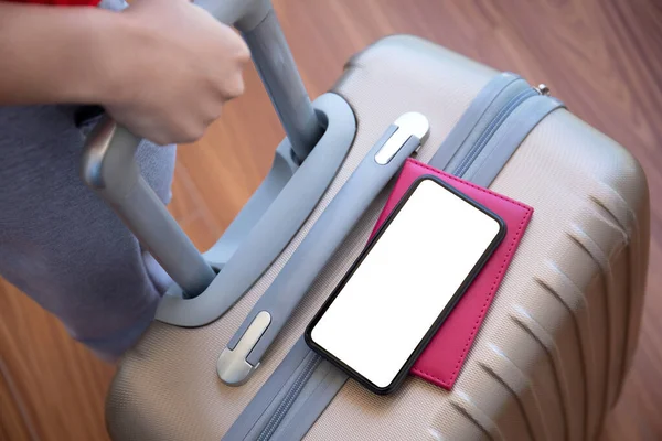 Female Hands Holding Suitcase Phone Isolated Screen Airport — Stock Photo, Image