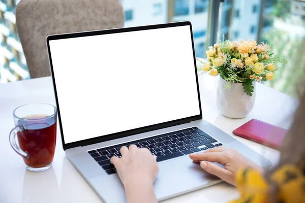 Female Hands Typing Laptop Computer Keyboard Isolated Screen Summer Cafe — Stock Photo, Image