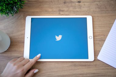 Alanya, Türkiye - 10 Eylül 2020: Kadın el ele tutuşan iPad 7 Gold masada, sosyal ağ hizmetleri Twitter ekranda.
