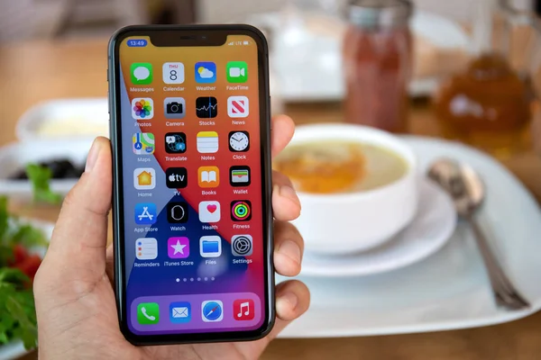Alanya, Türkiye - 8 Ekim 2020: Apple iPhone 11 ile ana ekran IOS 14 ile el ele tutuşan adam restoranda ekranda.