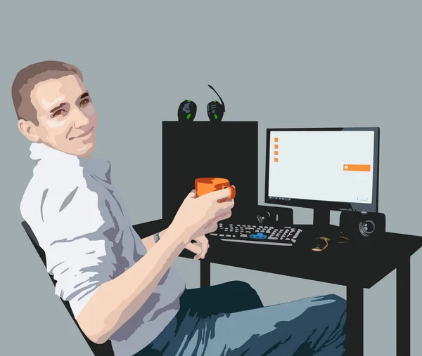 Leende kille sitter vid ett skrivbord med en dator — Stock vektor