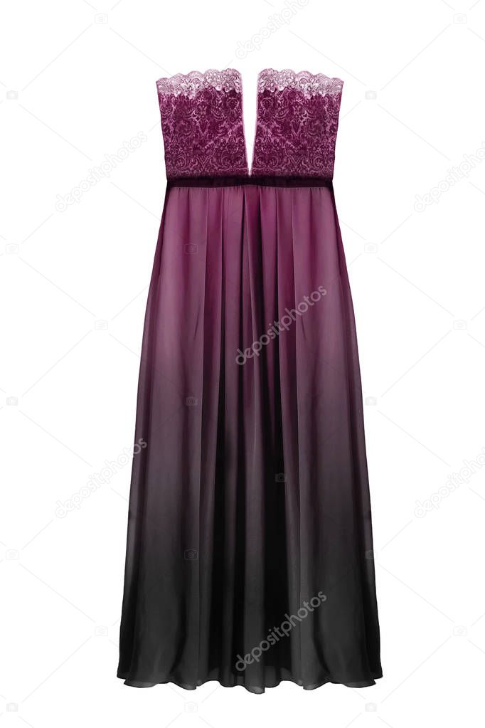 Long silk pink and black strapless gown isolated over white