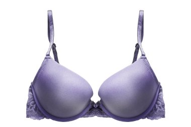 Beyaz arka plan üzerinde sutyen yukarı mor ipek iç çamaşırı itin