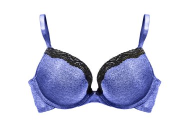 Beyaz arka plan üzerinde siyah dantel ile mavi sütyen yukarı itmek