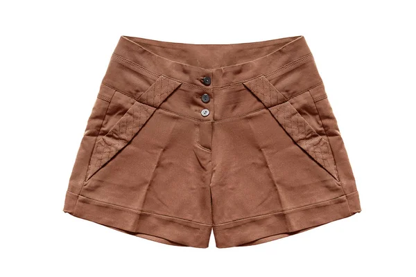 Brun Silke Shorts Med Fickor Och Knappar Isolerade Över Vita — Stockfoto