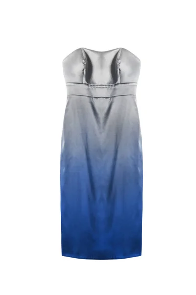Elegante Cetim Strapless Prata Vestido Azul Isolado Sobre Branco — Fotografia de Stock