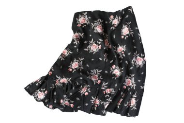 Buruşuk siyah ipek mini etek beyaz bitti izole ruches ile