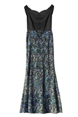 Beyaz bitti izole mavi etek ile uzun kolsuz elbise