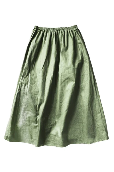 Green Khaki Flared Knee Length Linen Skirt White Background — Stock Photo, Image